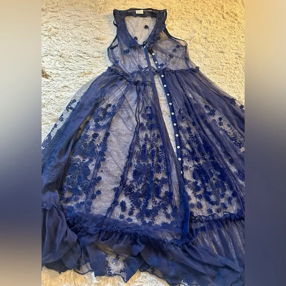 Free People Intimately Maxi Button Front Mesh Slip Dress w/ Collar Sz Small Navy - Picture 4 of 10